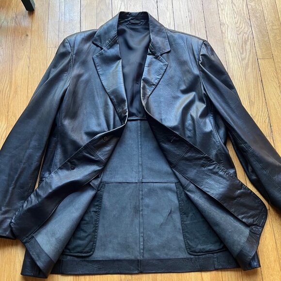 Fratelli Rossetti Mens Size 52 Black 100% Leather Single Breasted Blazer Jacket - Picture 13 of 16